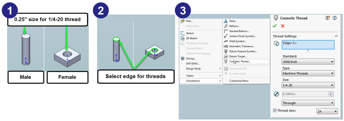 steps to make a cosmetic thread in solidworks