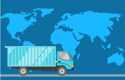 Graphic of truck with world map in background